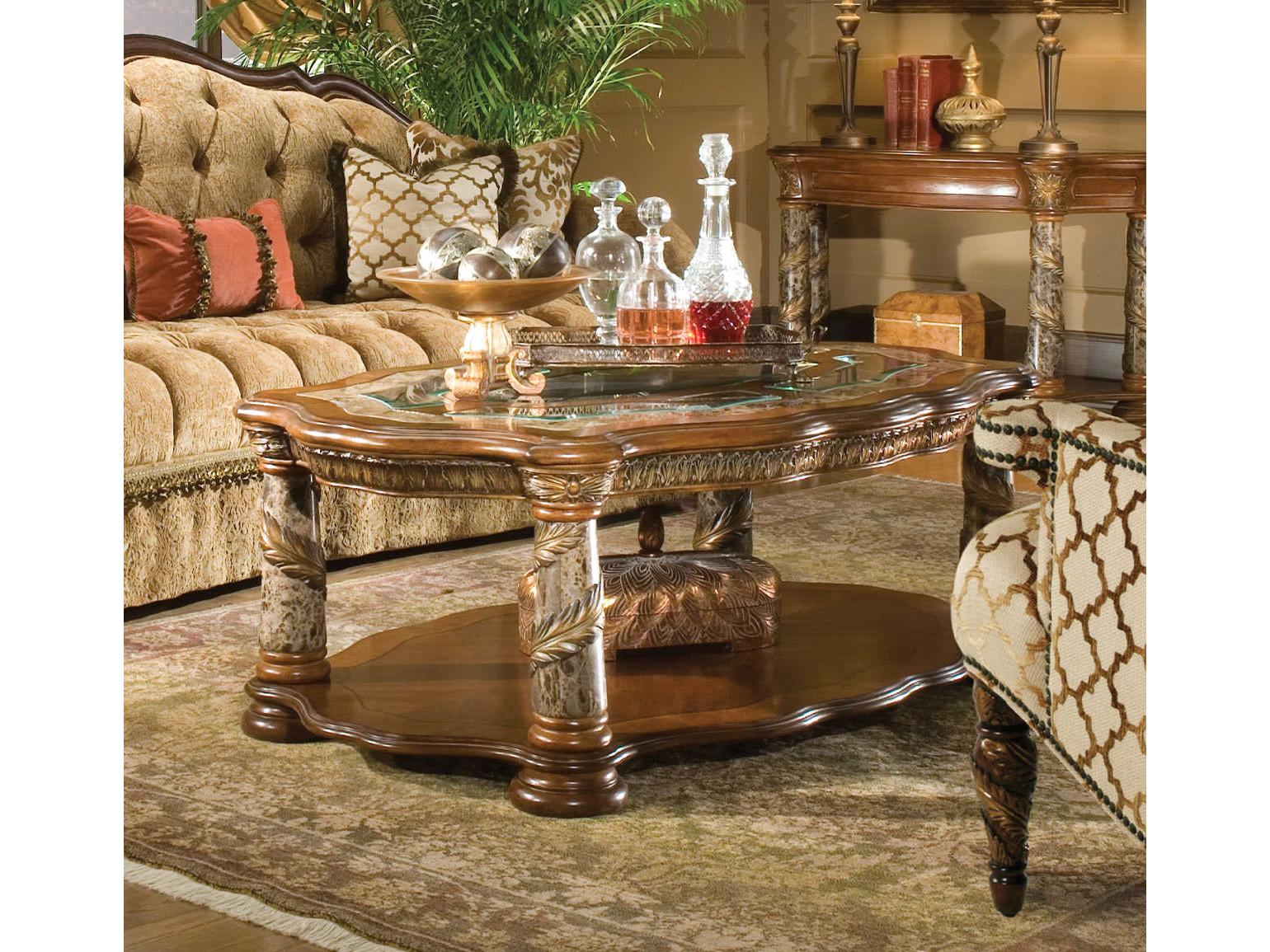 Michael Amini Villa Valencia Oval Glass Classic Chestnut Cocktail Table