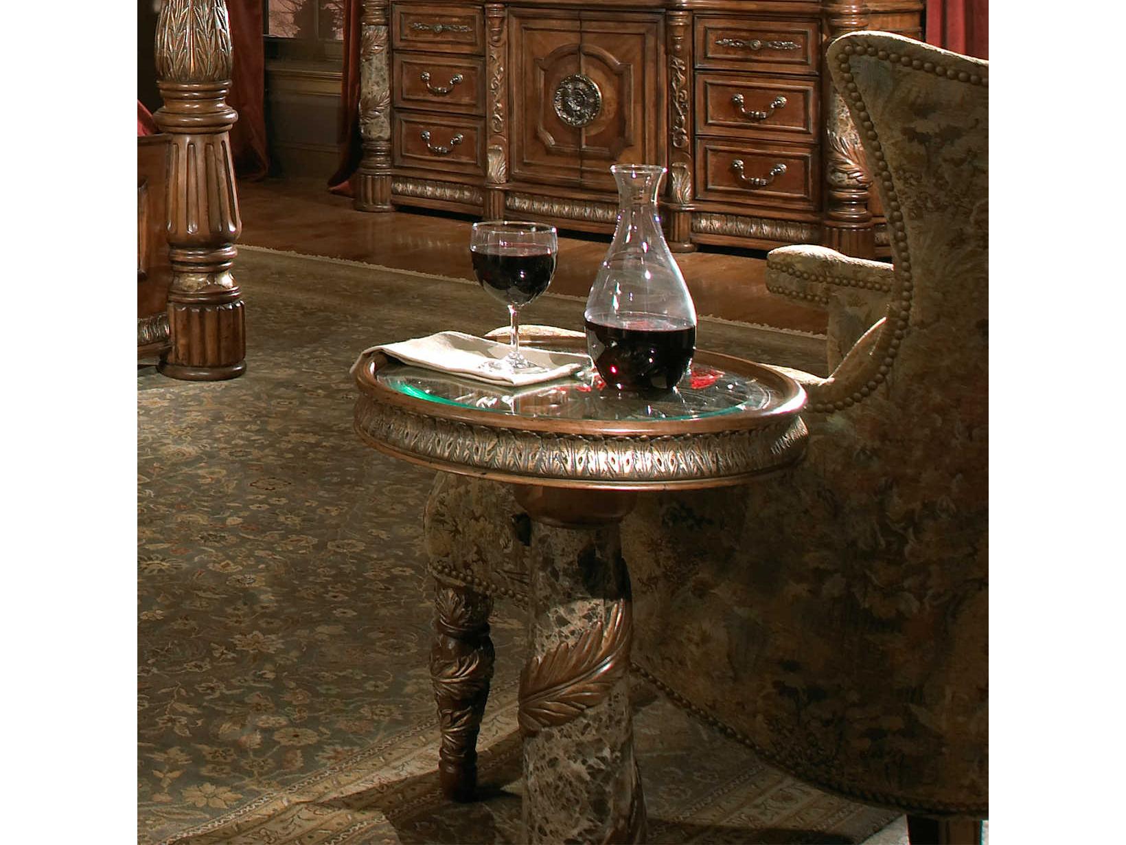 Michael Amini Villa Valencia Round Glass Classic Chestnut End Table