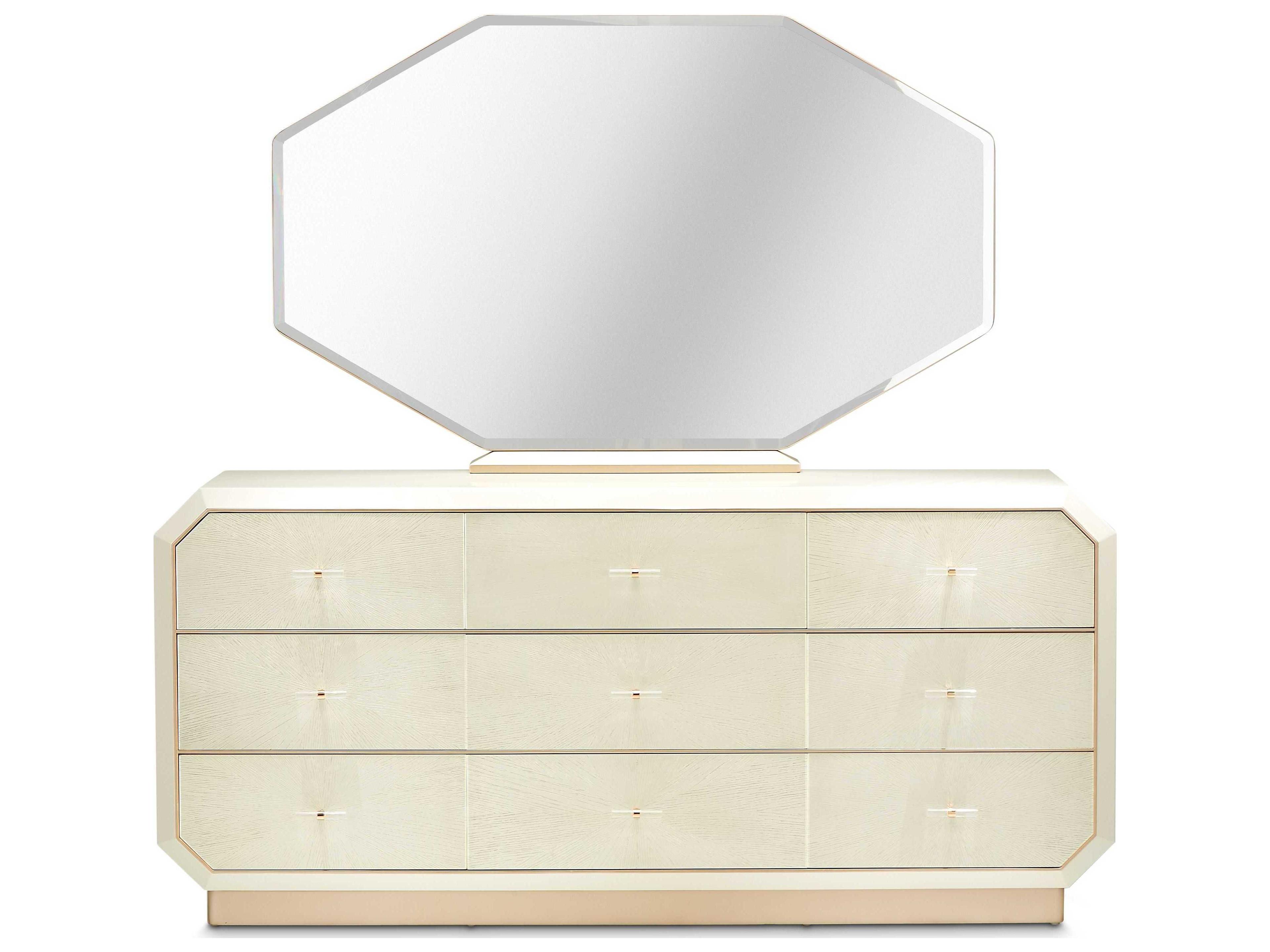 Luxecor Gilded 9-Drawers White Birch Wood Triple Dresser with Mirror