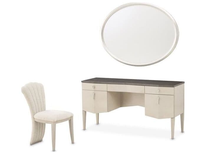 Michael Amini Fantosini Silver Mist Poplar Wood Vanity Table with Mirror and Chair