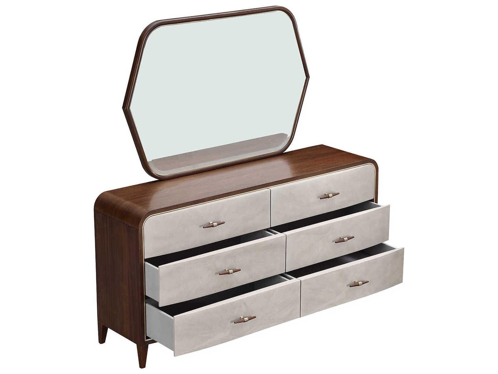 Michael Amini Houston 6-Drawers Brown Birch Wood Double Dresser with Mirror