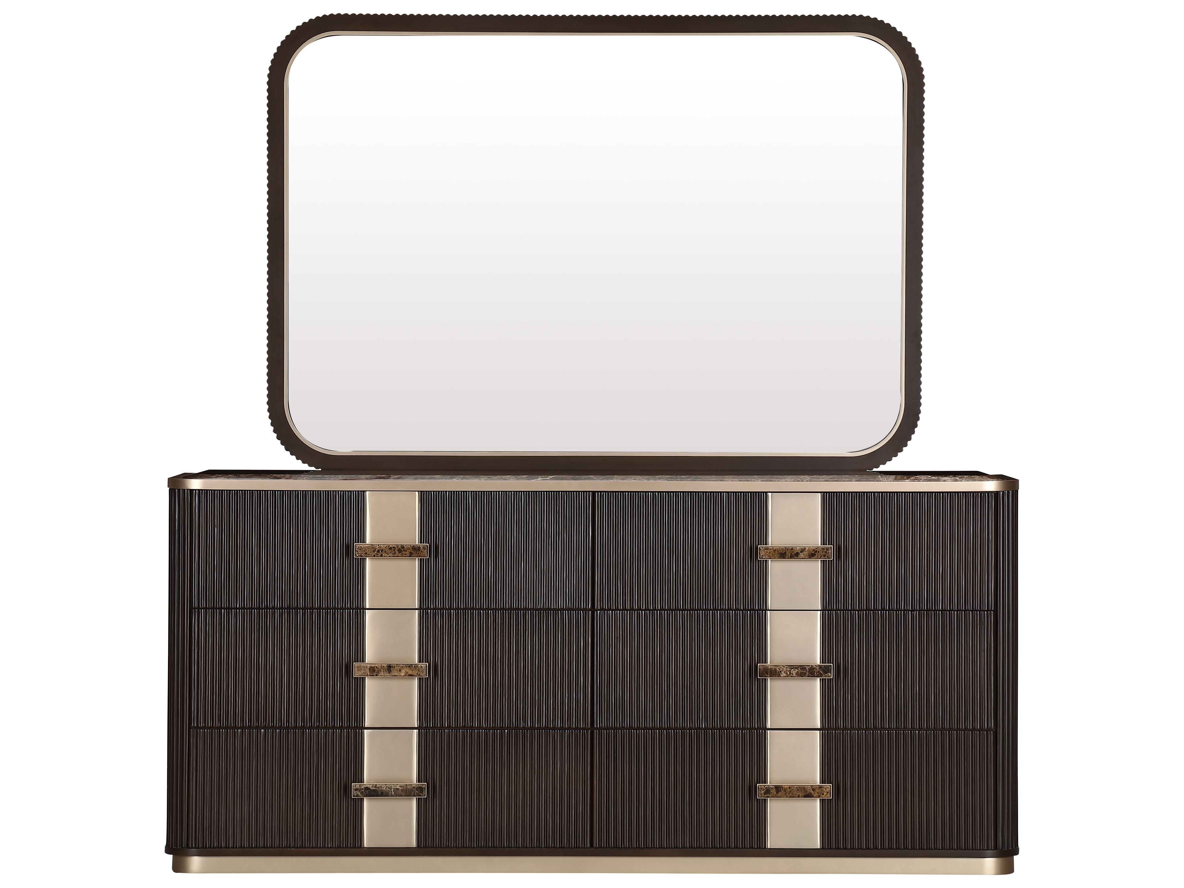 Michael Amini West Kensington 6-Drawers Brown Rubberwood Double Espresso Dresser with Mirror