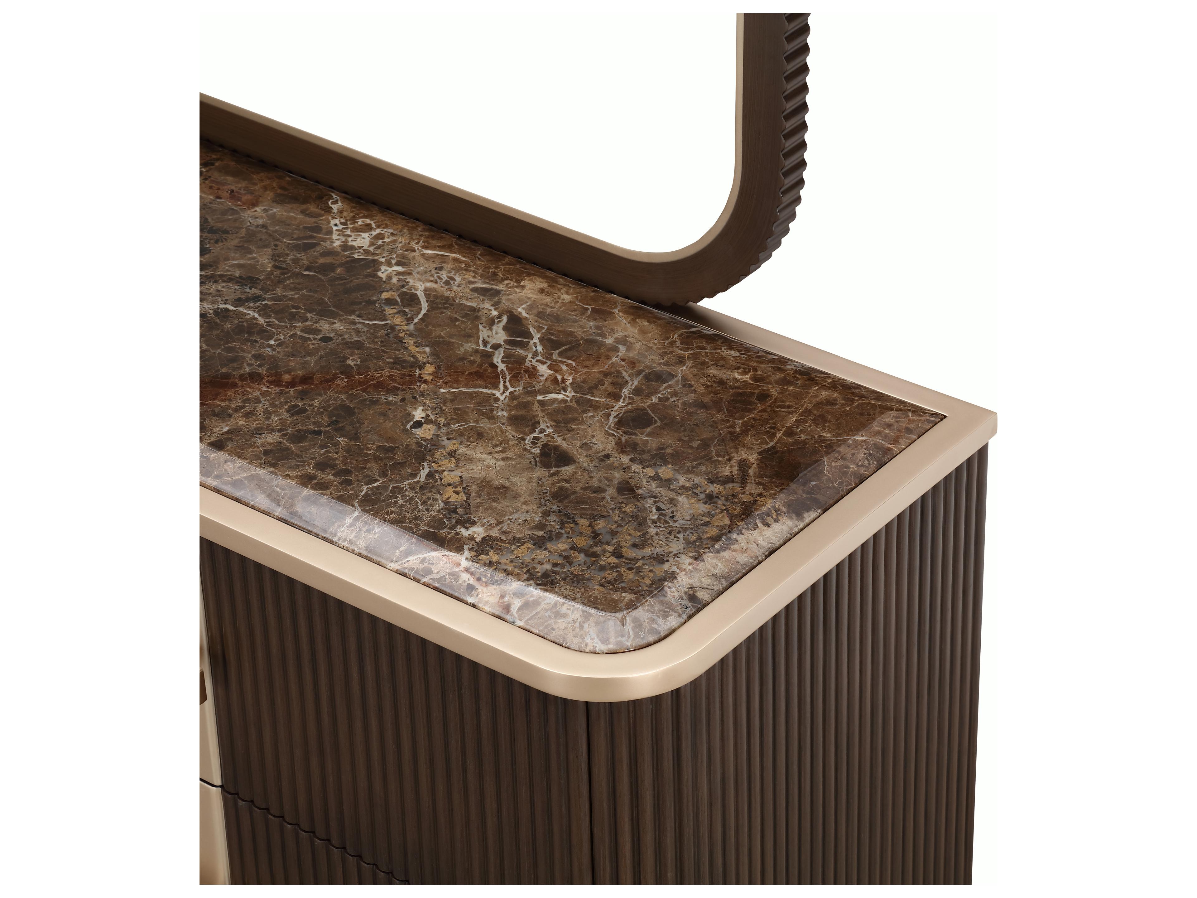 Michael Amini West Kensington 6-Drawers Brown Rubberwood Double Espresso Dresser with Mirror