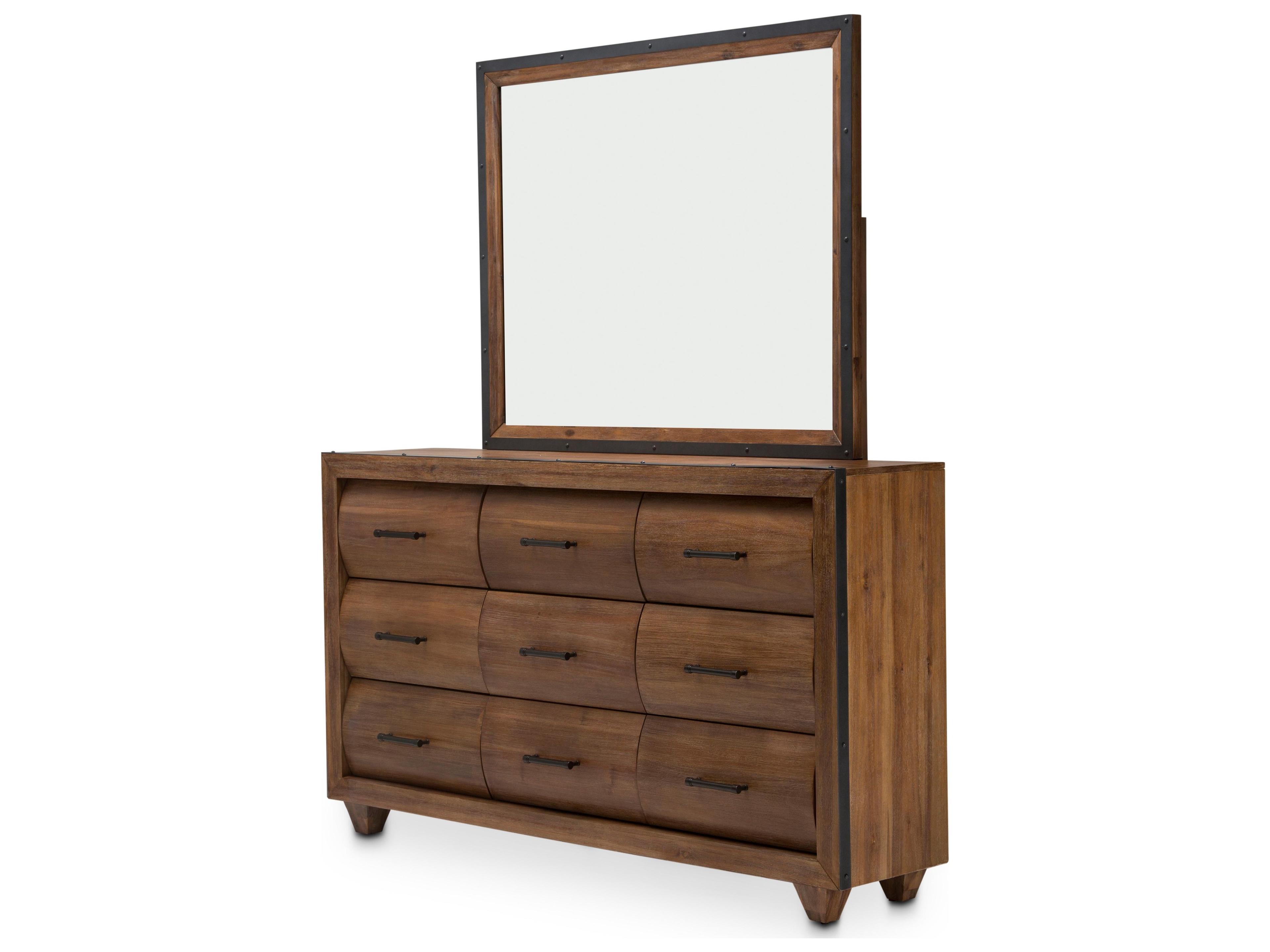 Michael Amini Brooklyn Walk Brown Acacia Wood Dresser and Mirror Set