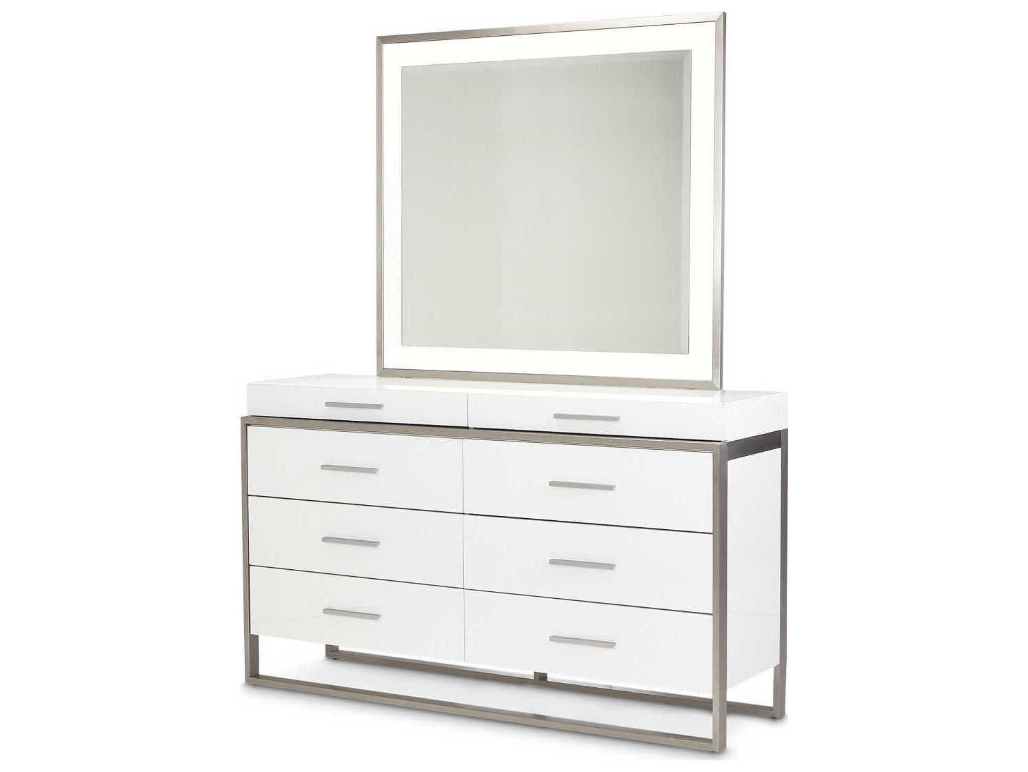 Michael Amini Marquee 8-Drawers Cloud White Double Dresser with Mirror Set