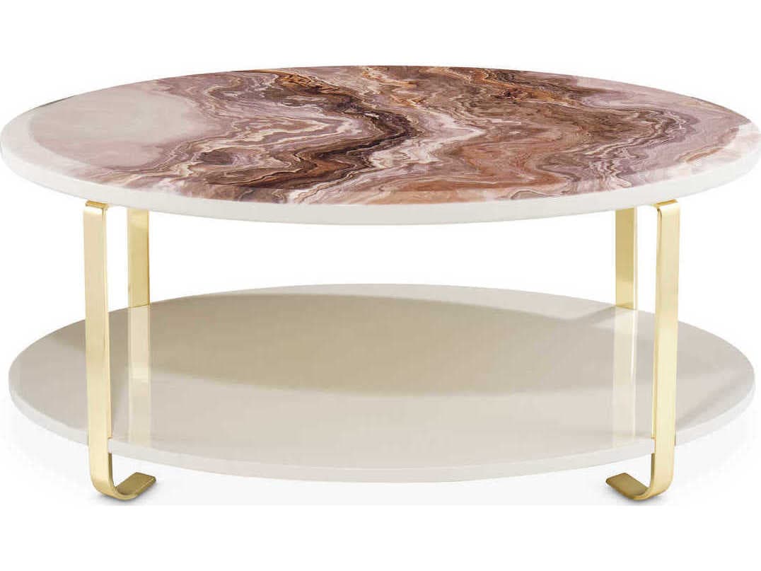 Michael Amini Ariana Round Faux Marble Gold Cocktail Table