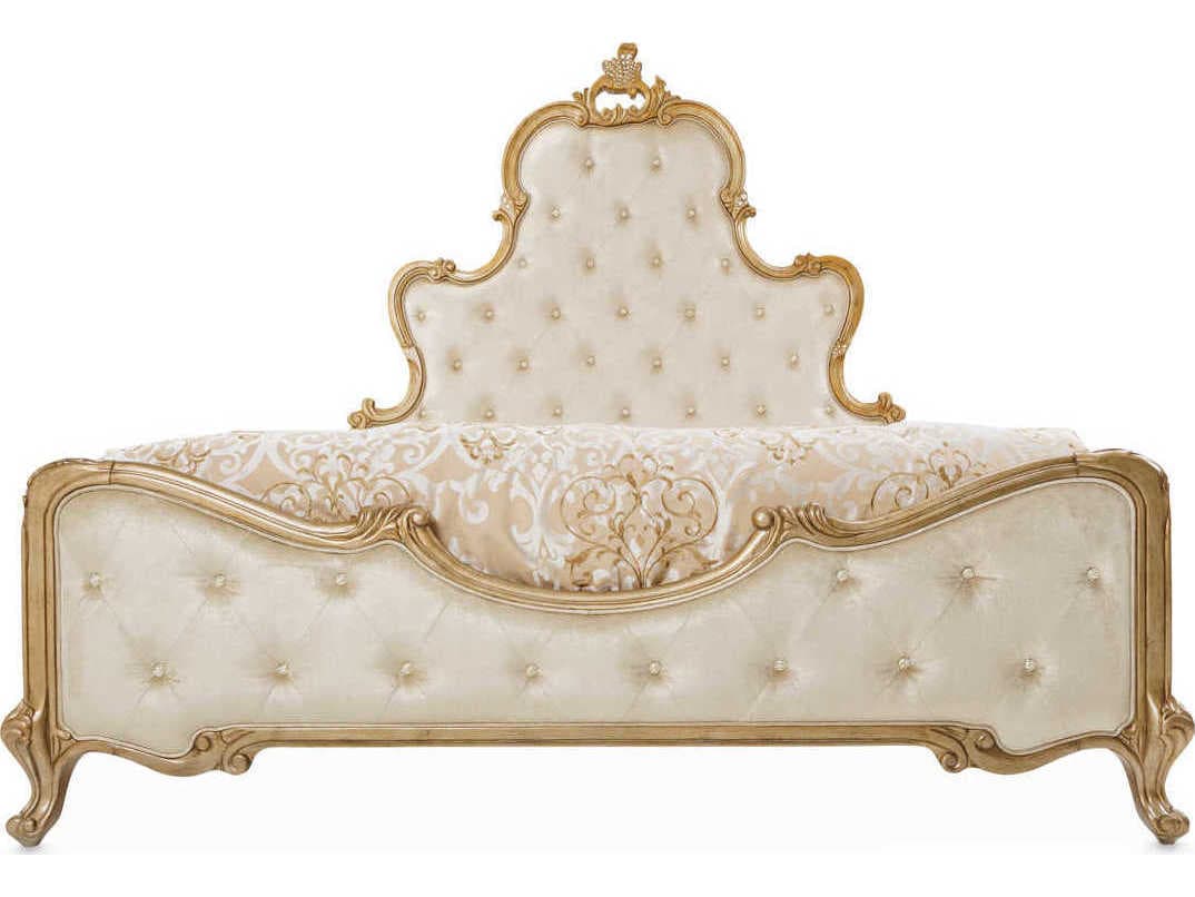 Michael Amini Platine De Royale Champagne White Poplar Wood Upholstered California King Panel Bed