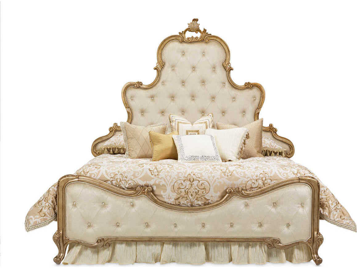 Michael Amini Platine De Royale Champagne White Poplar Wood Upholstered King Panel Bed