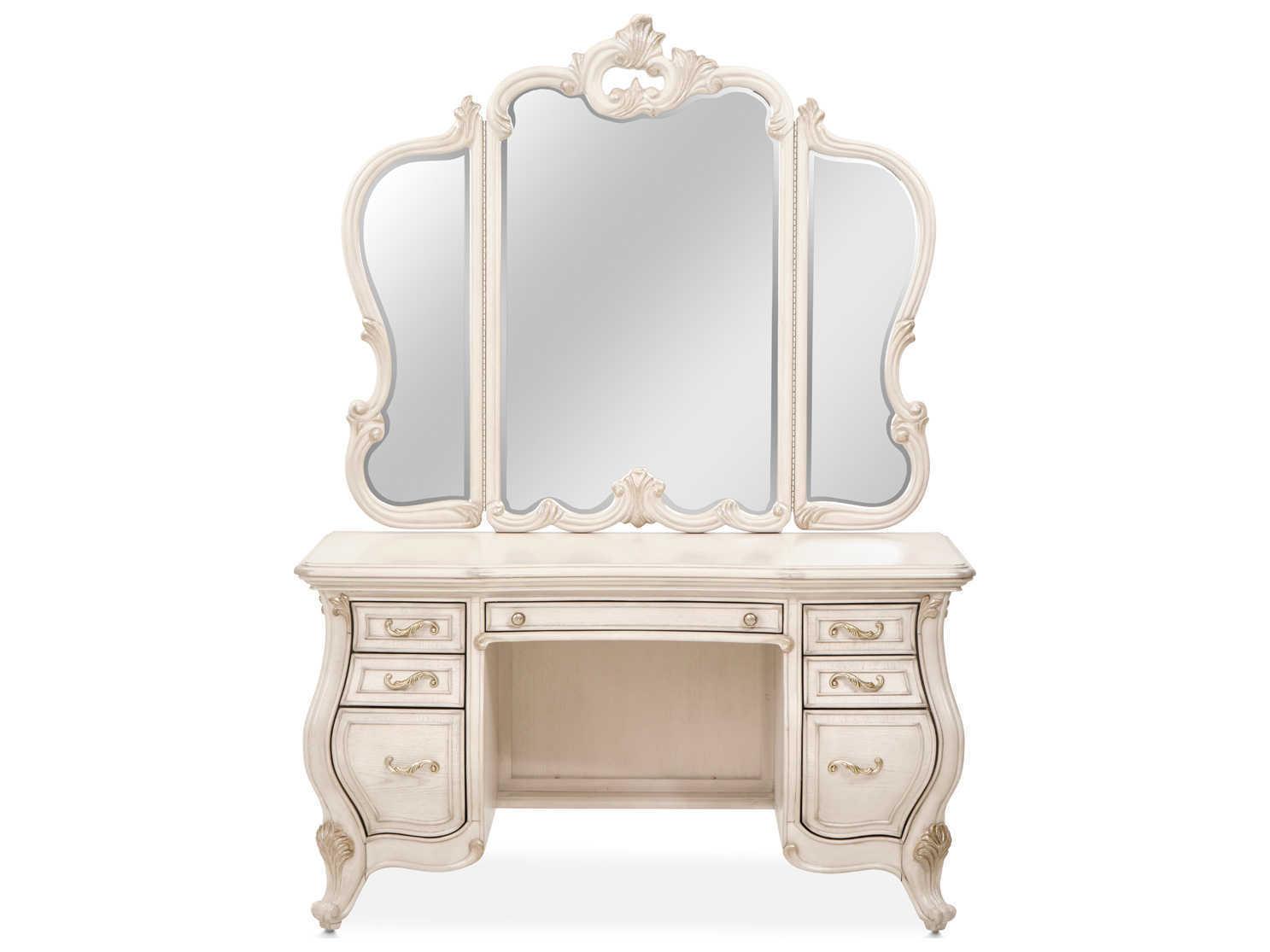 Michael Amini Platine De Royale Champagne Poplar Wood Vanity Table with Mirror Set
