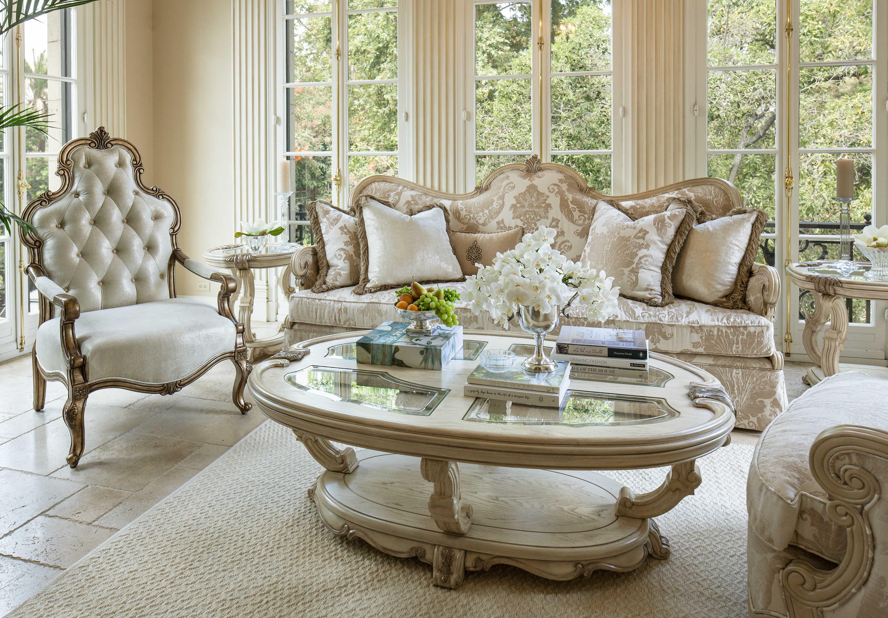 Michael Amini Platine De Royale Round Glass Champagne Antique Platinum End Table