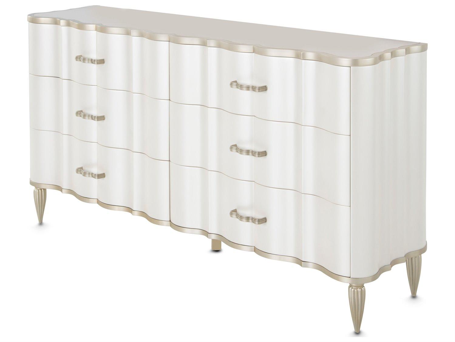 Michael Amini London Place 6-Drawers White Poplar Wood Double Dresser With Mirror Set