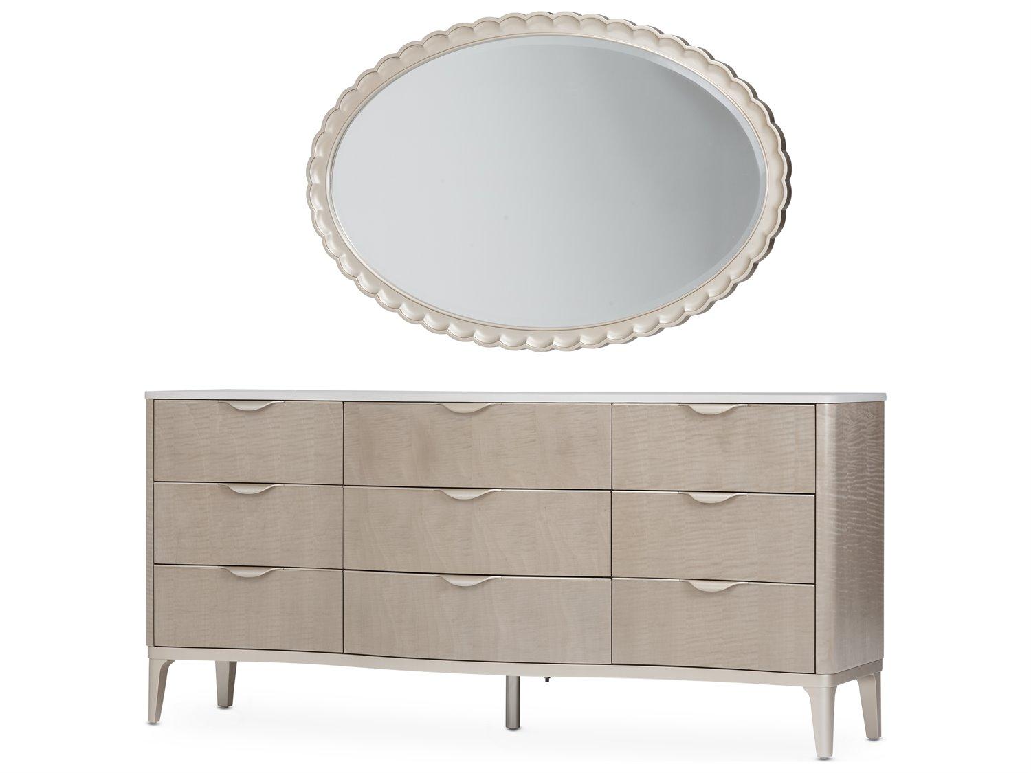 Michael Amini Malibu Crest Beige Birch Wood Double Dresser With Mirror Set
