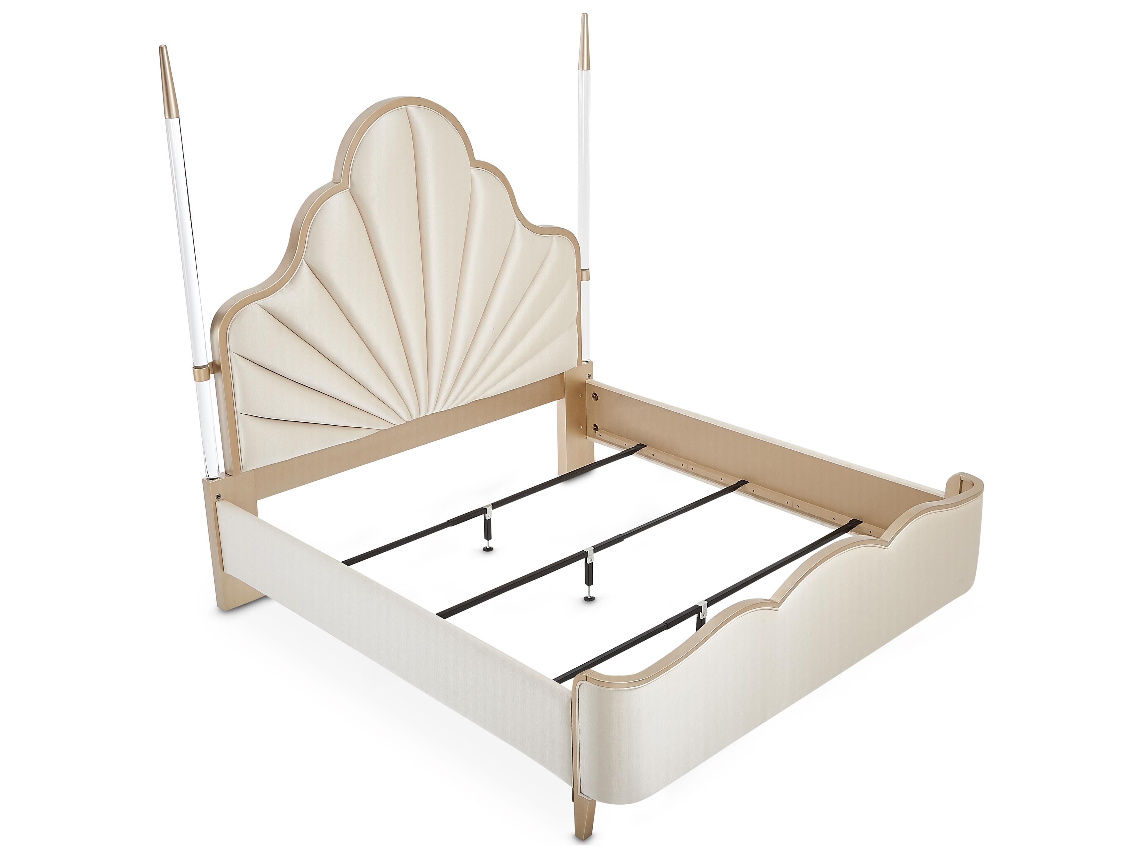 Michael Amini Malibu Crest Champagne Birch Wood Upholstered King Poster Bed