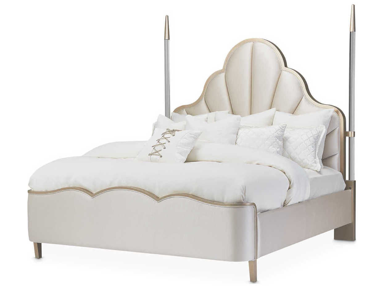 Michael Amini Malibu Crest Porcelain White Birch Wood Upholstered Queen Poster Bed