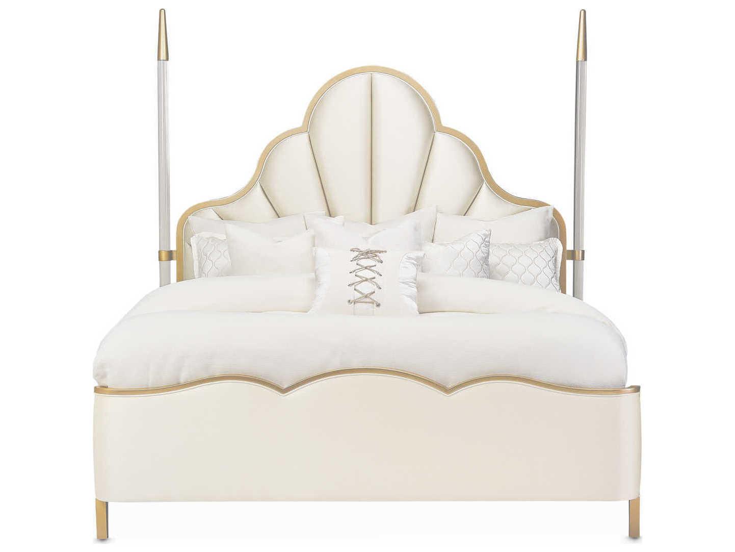 Michael Amini Malibu Crest Porcelain White Birch Wood Upholstered Queen Poster Bed