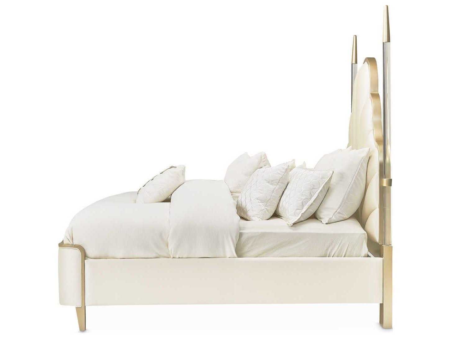 Michael Amini Malibu Crest Porcelain White Birch Wood Upholstered Queen Poster Bed