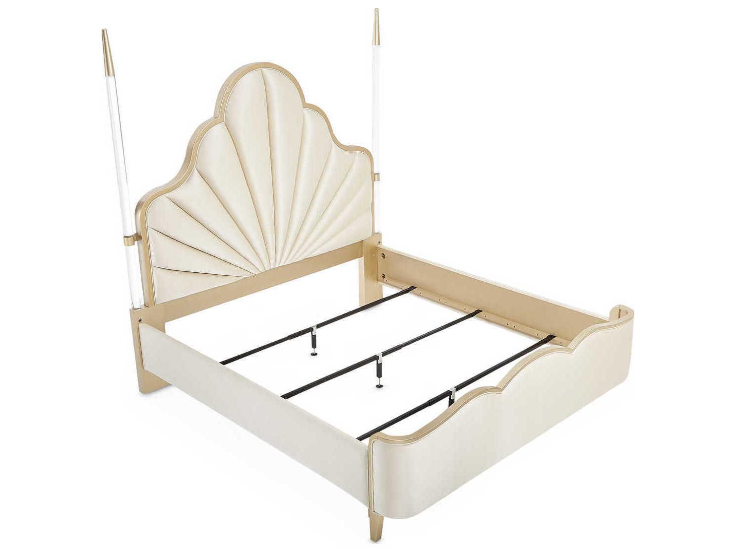 Michael Amini Malibu Crest Porcelain White Birch Wood Upholstered Queen Poster Bed