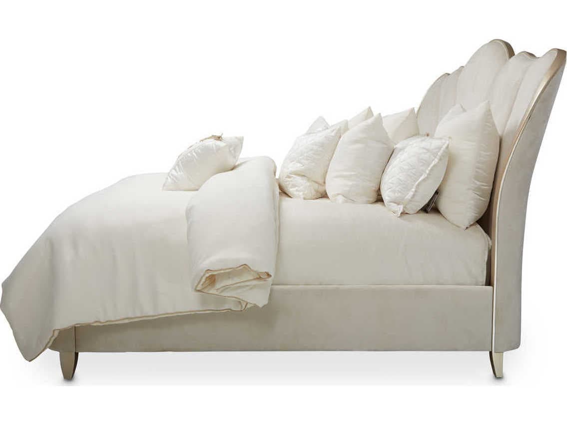 Michael Amini Villa Cherie Caramel Pearl White Birch Wood Upholstered King Panel Bed