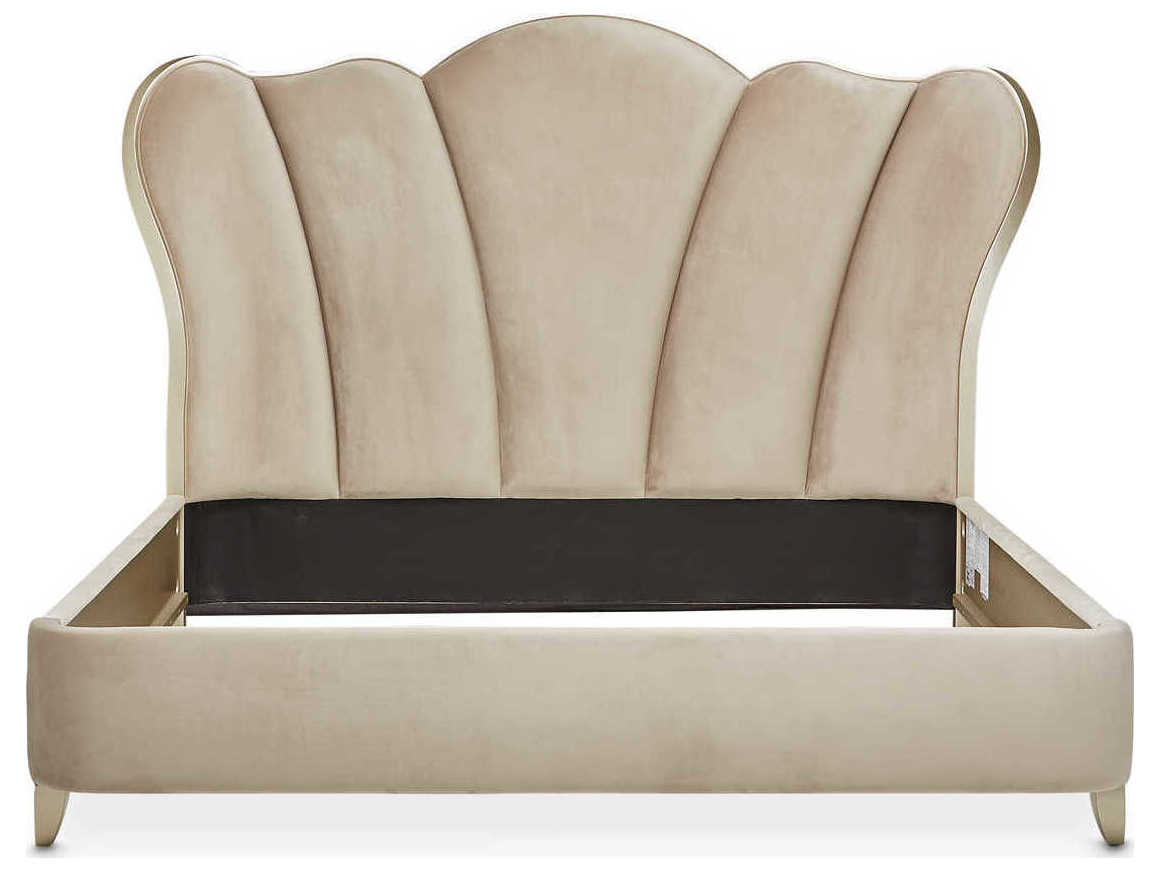 Michael Amini Villa Cherie Hazelnut Porcini Beige Birch Wood Upholstered Queen Panel Bed