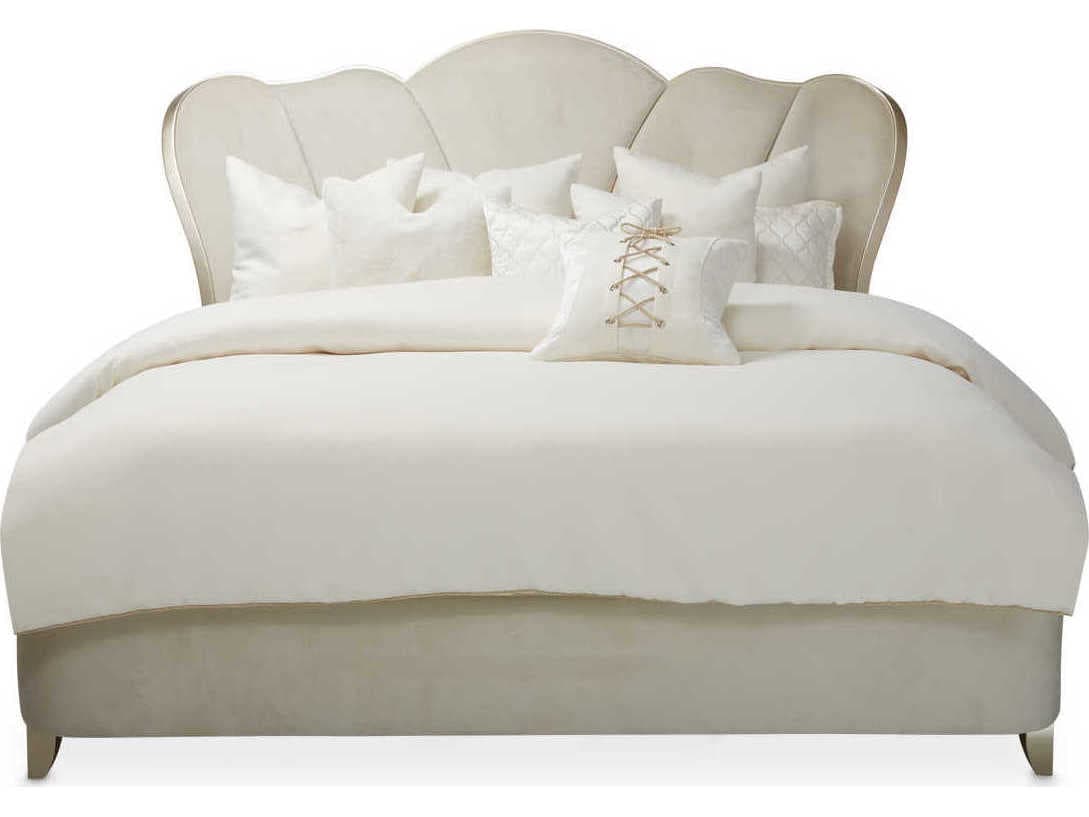 Michael Amini Villa Cherie Caramel Pearl White Birch Wood Upholstered Queen Panel Bed