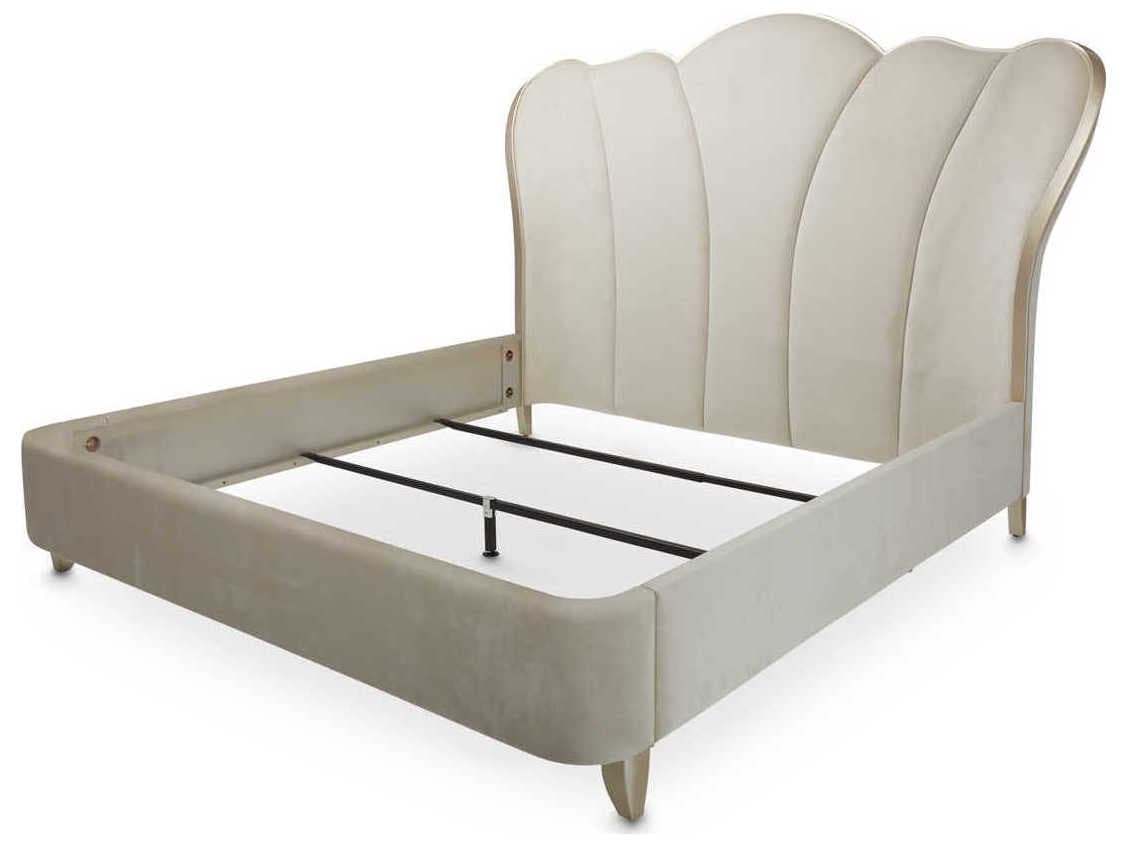 Michael Amini Villa Cherie Caramel Pearl White Birch Wood Upholstered Queen Panel Bed