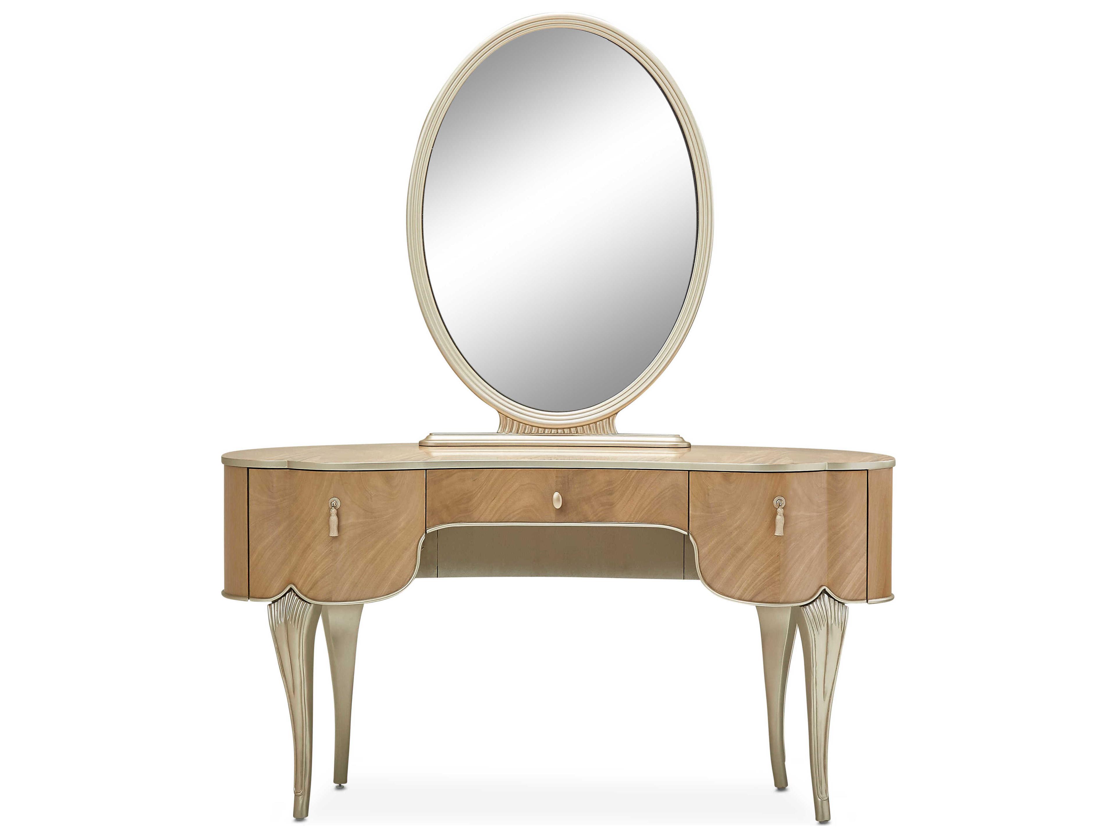 Michael Amini Villa Cherie - Caramel Birch Wood Vanity Table Set With Mirror