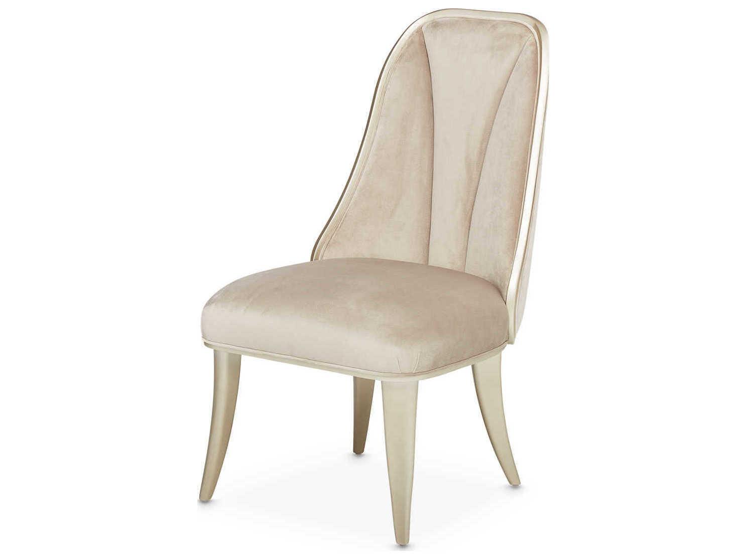 Michael Amini Villa Cherie Hazelnut Birch Wood Beige Velvet Upholstered Side Dining Chair