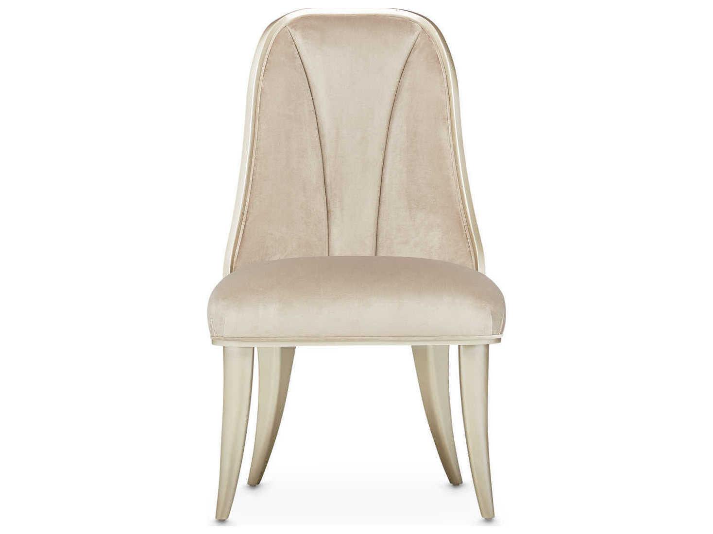 Michael Amini Villa Cherie Hazelnut Birch Wood Beige Velvet Upholstered Side Dining Chair