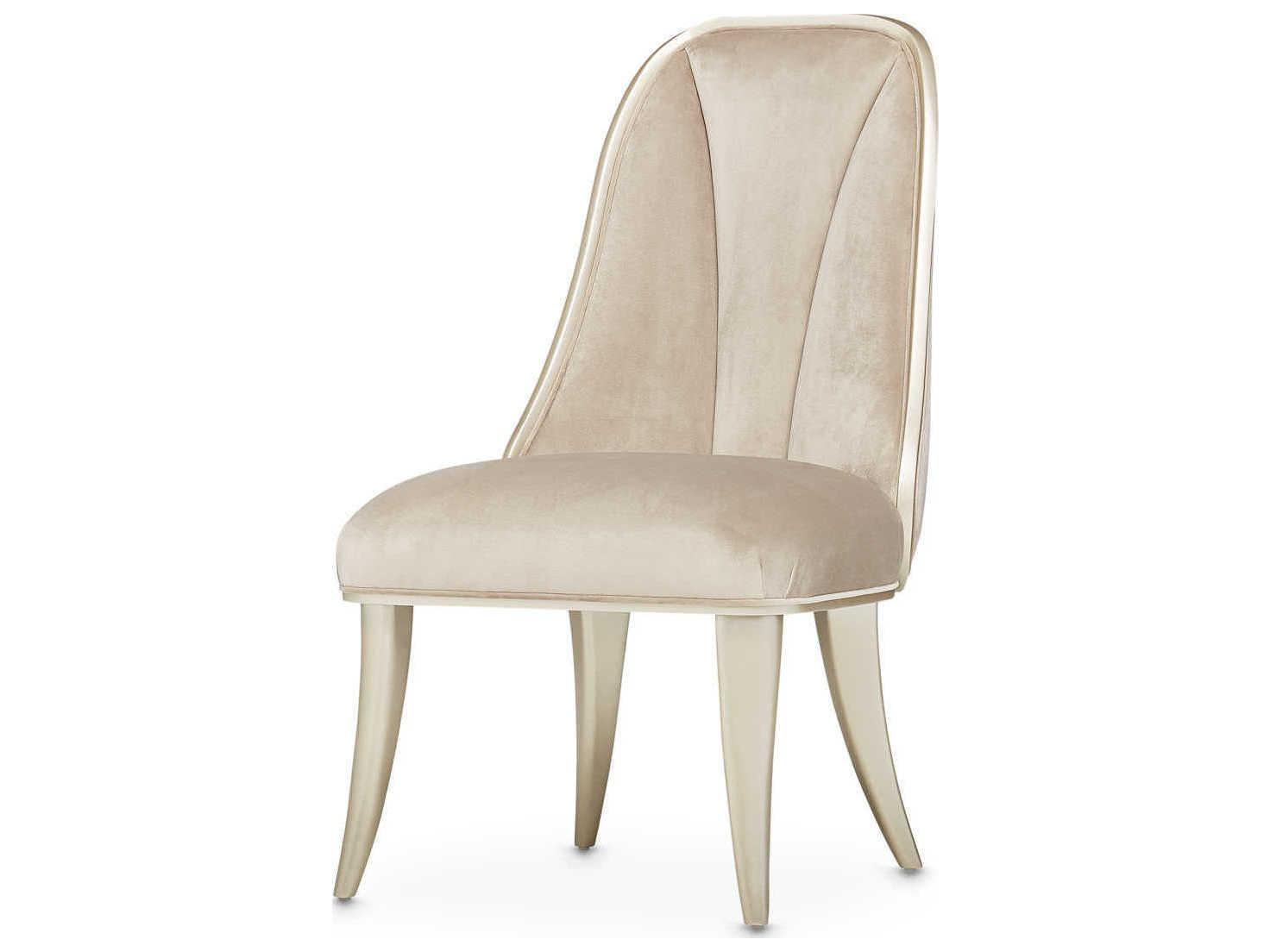 Michael Amini Villa Cherie Hazelnut Birch Wood Beige Velvet Upholstered Side Dining Chair