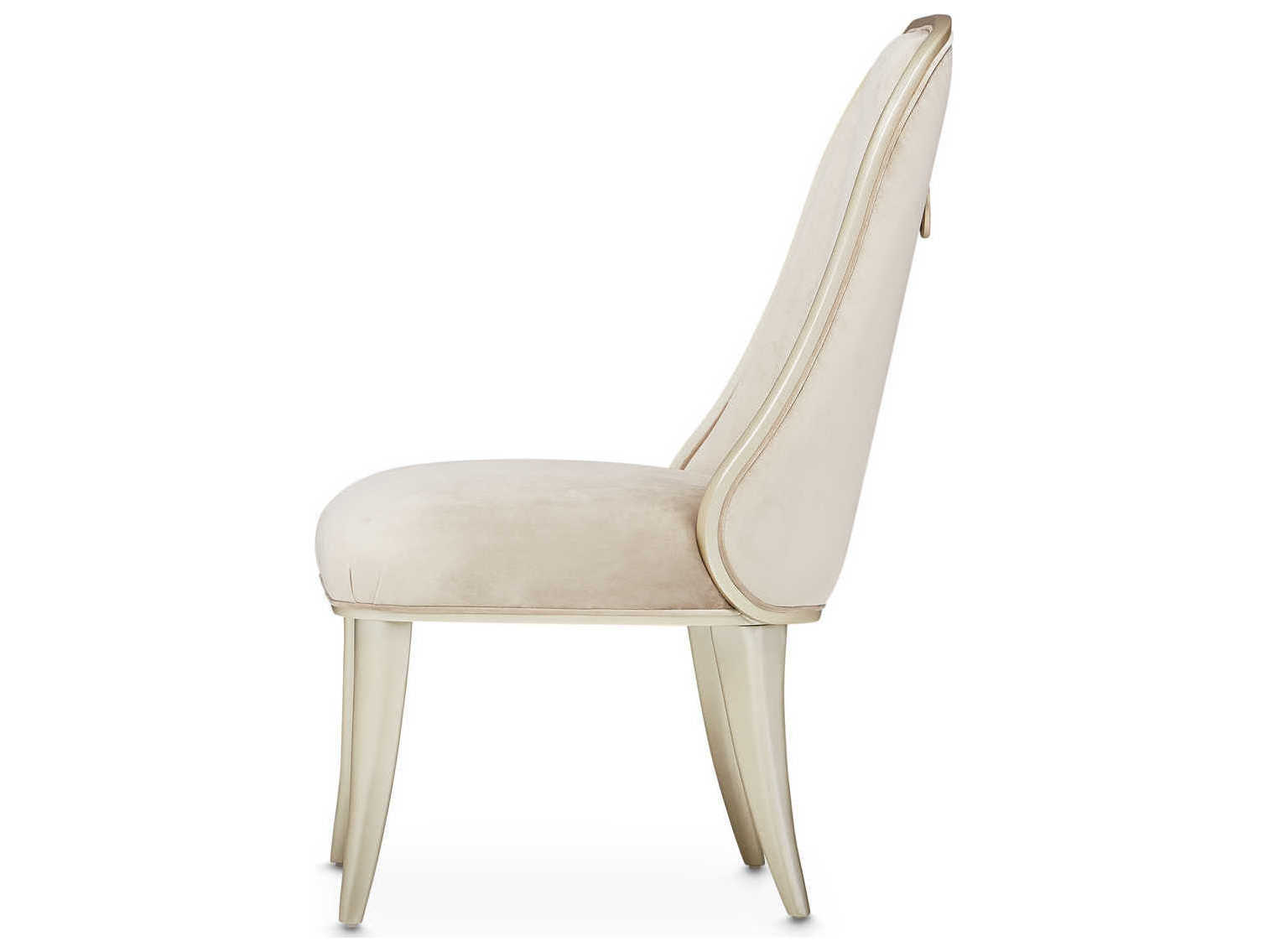 Michael Amini Villa Cherie Hazelnut Birch Wood Beige Velvet Upholstered Side Dining Chair