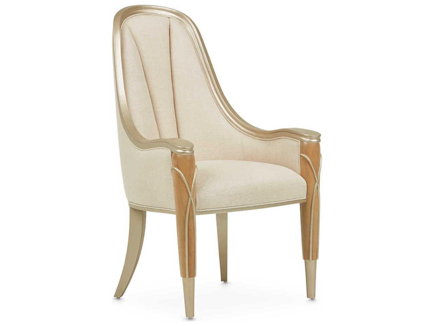 Michael Amini Villa Cherie Caramel Birch Wood Beige Upholstered Arm Dining Chair
