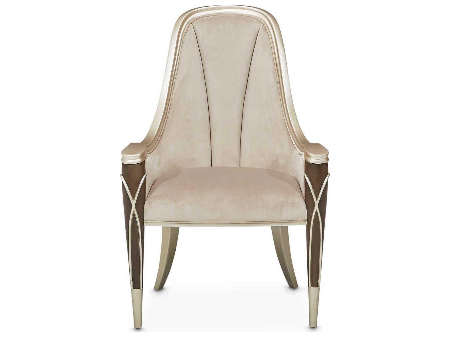 Michael Amini Villa Cherie Hazelnut Birch Wood Beige Velvet Upholstered Arm Dining Chair
