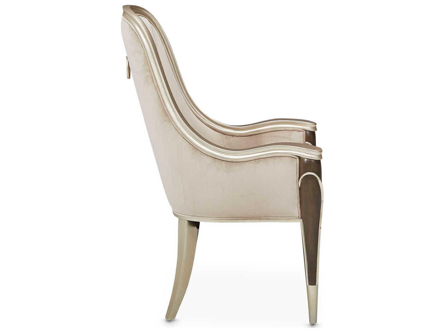 Michael Amini Villa Cherie Hazelnut Birch Wood Beige Velvet Upholstered Arm Dining Chair