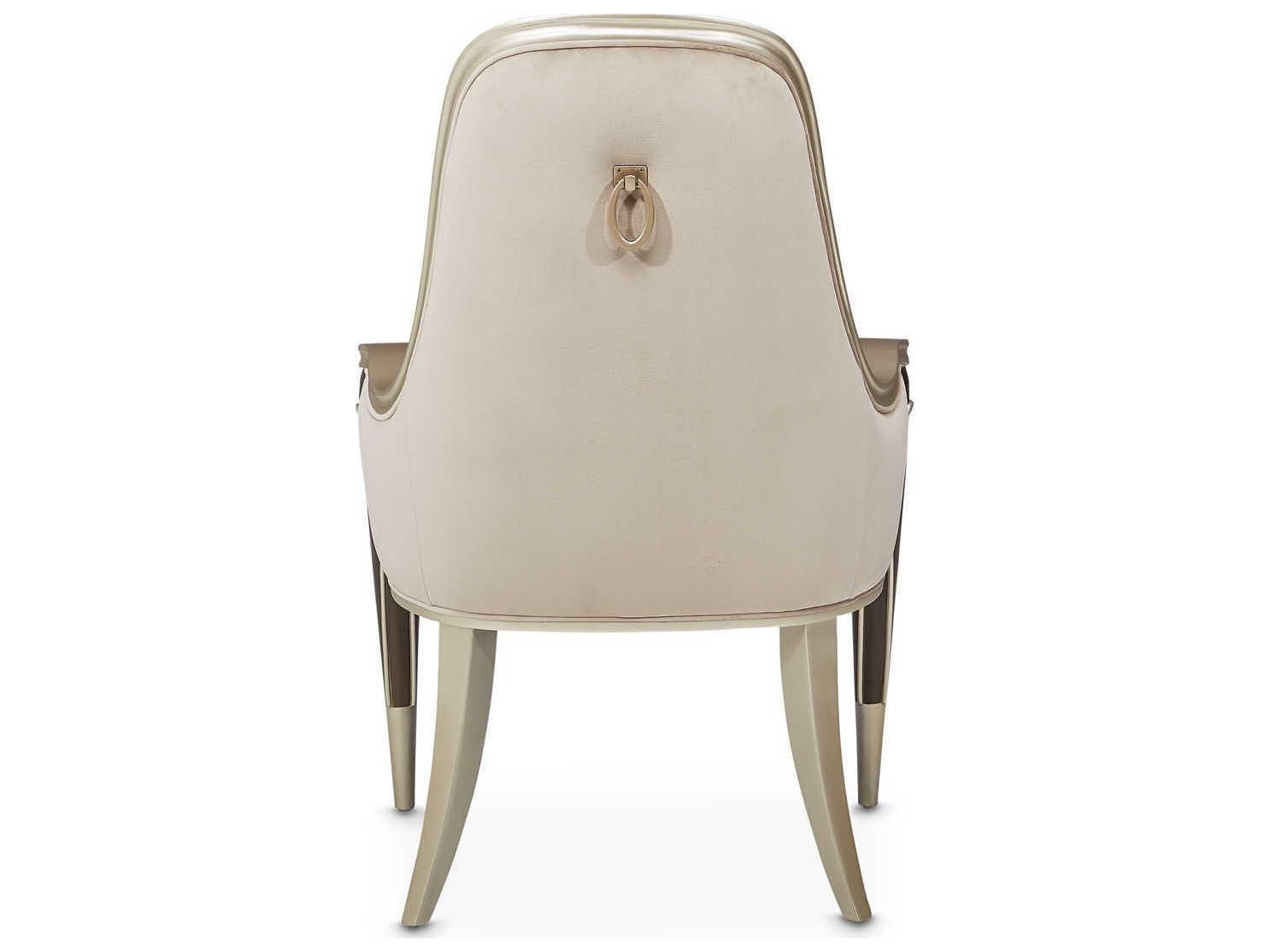 Michael Amini Villa Cherie Hazelnut Birch Wood Beige Velvet Upholstered Arm Dining Chair