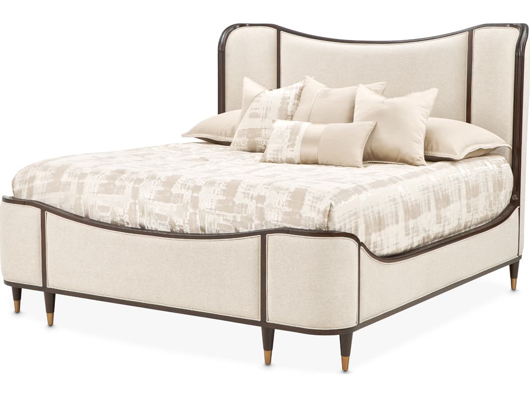 Michael Amini Camellia Field Linen Warm Pecan Beige Poplar Wood Upholstered King Panel Bed