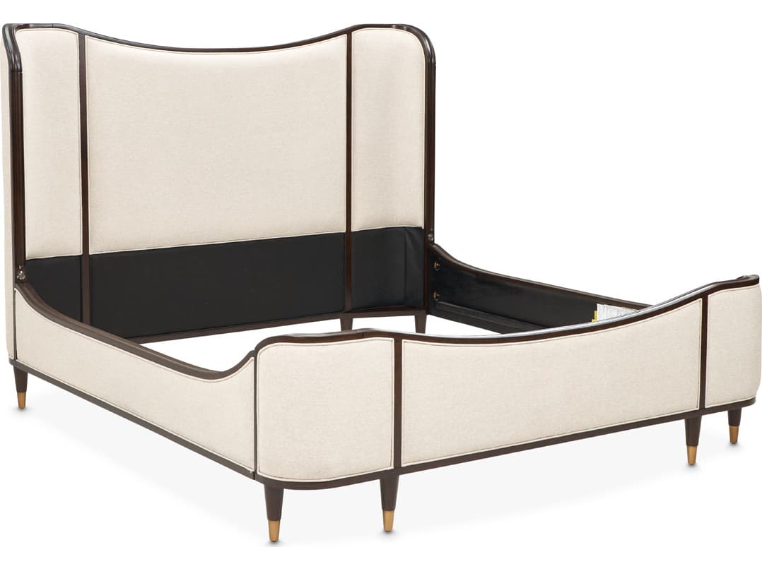 Michael Amini Camellia Field Linen Warm Pecan Beige Poplar Wood Upholstered King Panel Bed