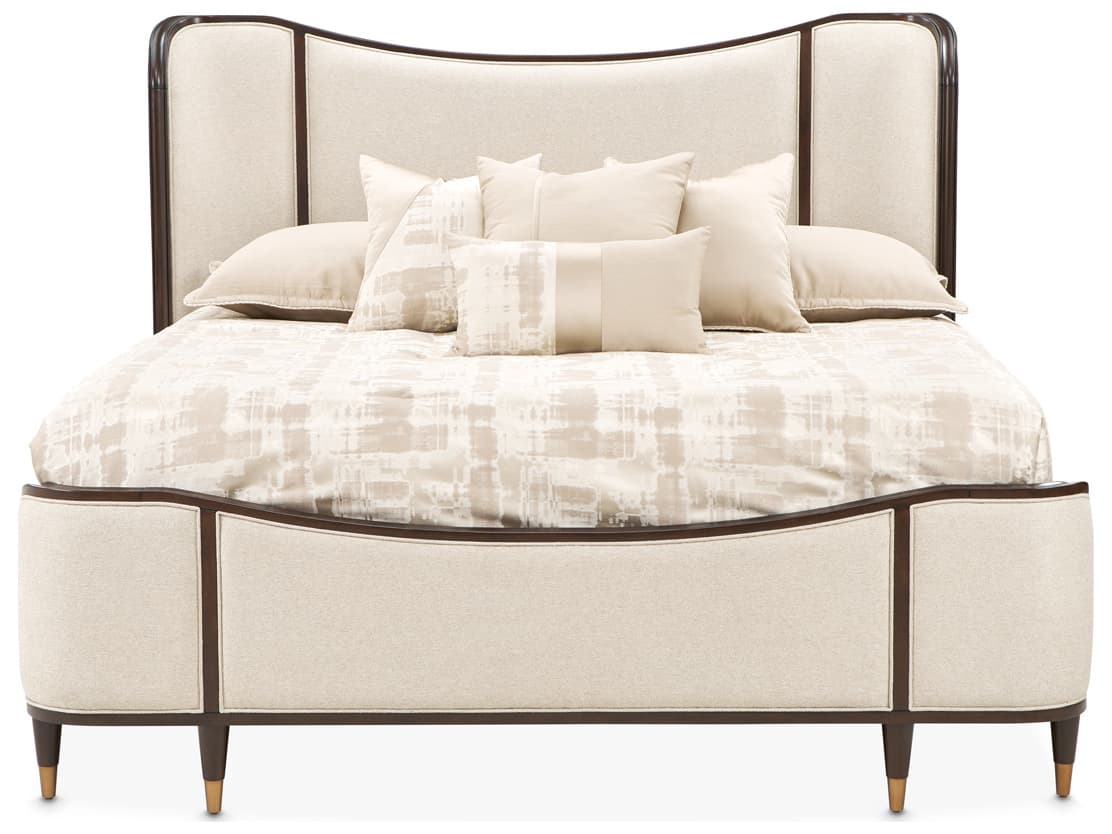 Michael Amini Camellia Field Linen Warm Pecan Beige Poplar Wood Upholstered Queen Panel Bed