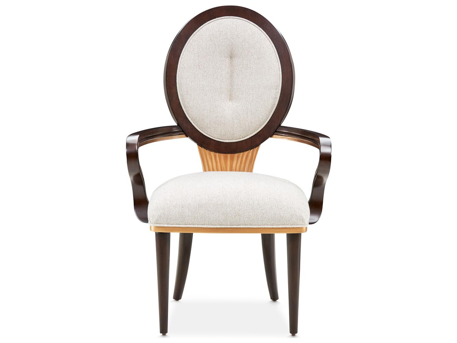 Michael Amini Camellia Field Warm Pecan Rubberwood Brown Upholstered Arm Dining Chair