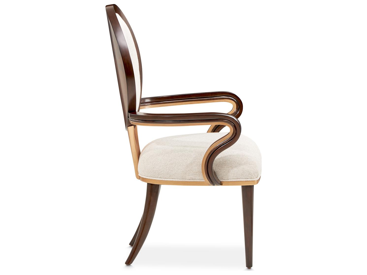 Michael Amini Camellia Field Warm Pecan Rubberwood Brown Upholstered Arm Dining Chair