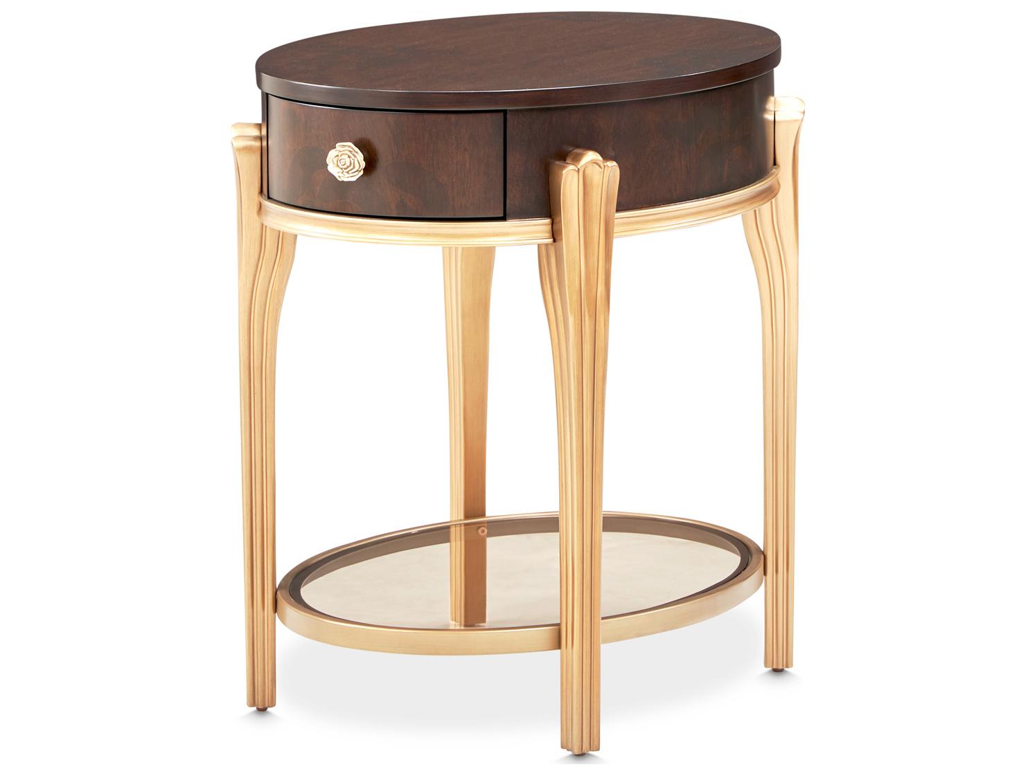 Michael Amini Camellia Field Oval Wood Warm Pecan End Table