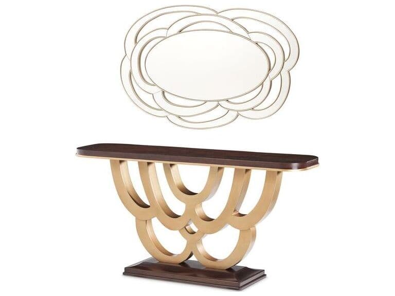 Michael Amini Camellia Field Rectangular Wood Warm Pecan Console Table with Mirror