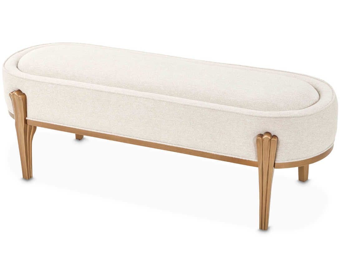 Michael Amini Camellia Field Warm Pecan Linen Antique Gold Beige Upholstered Accent Bench