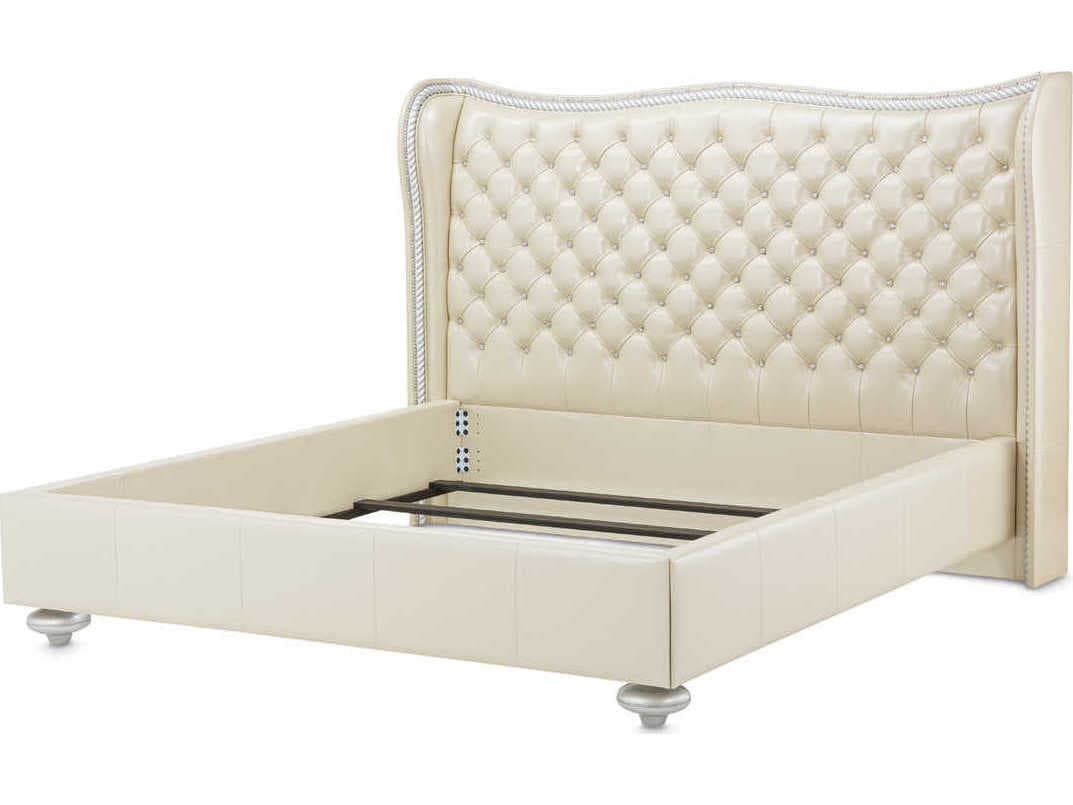 Michael Amini Hollywood Swank Creamy Pearl White Leather King Panel Bed