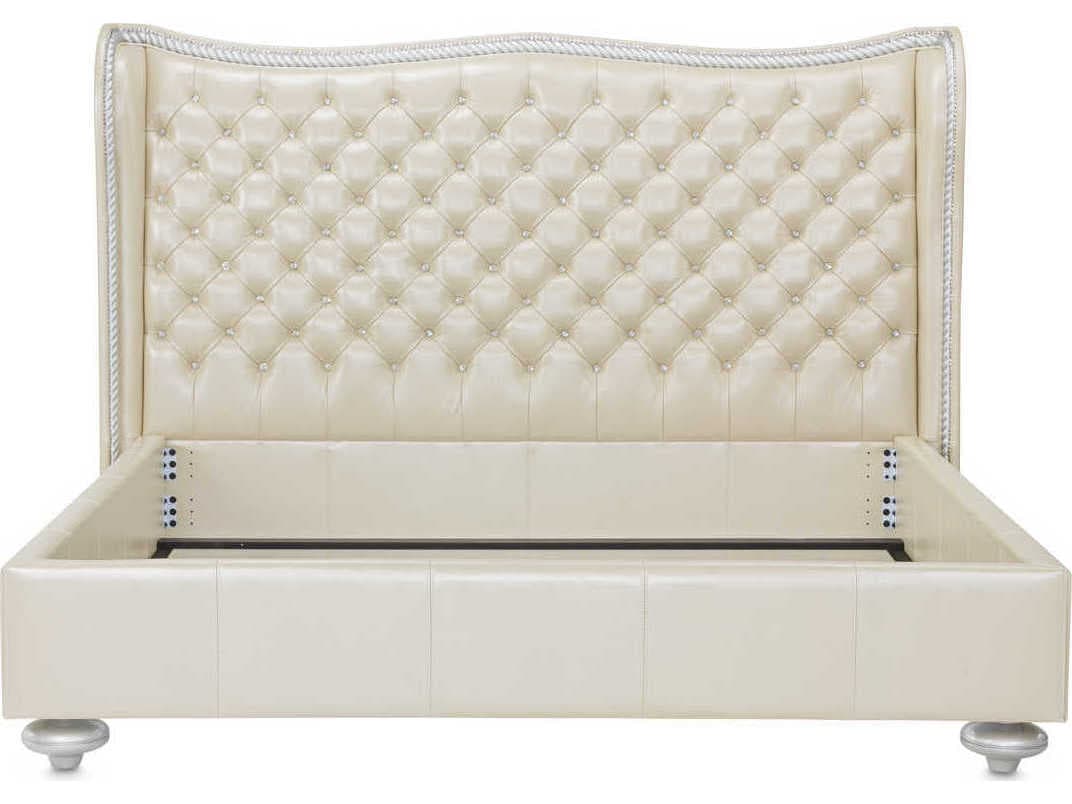 Michael Amini Hollywood Swank Creamy Pearl White Leather King Panel Bed