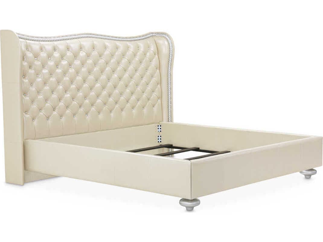 Michael Amini Hollywood Swank Creamy Pearl White Leather King Panel Bed