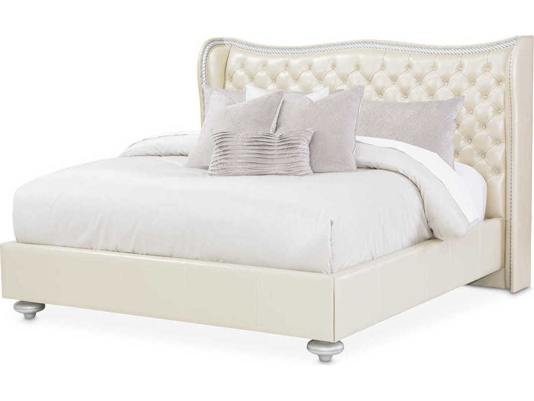 Michael Amini Hollywood Swank Creamy Pearl White Leather Queen Panel Bed