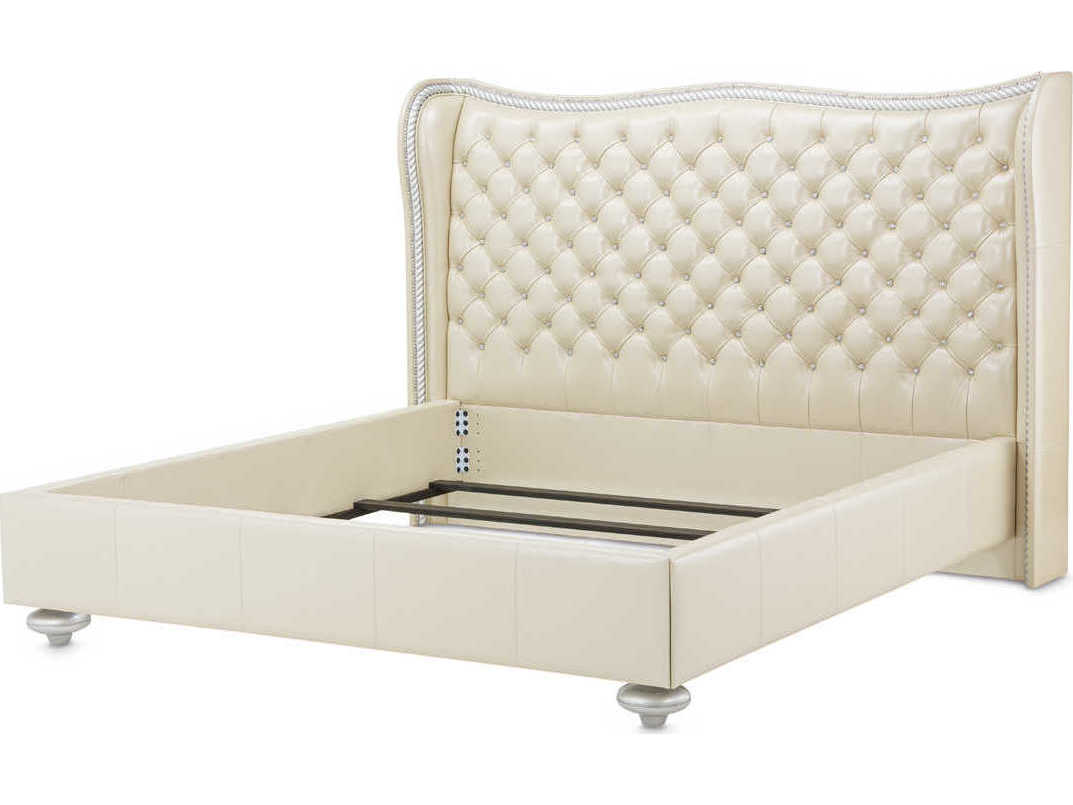Michael Amini Hollywood Swank Creamy Pearl White Leather Queen Panel Bed