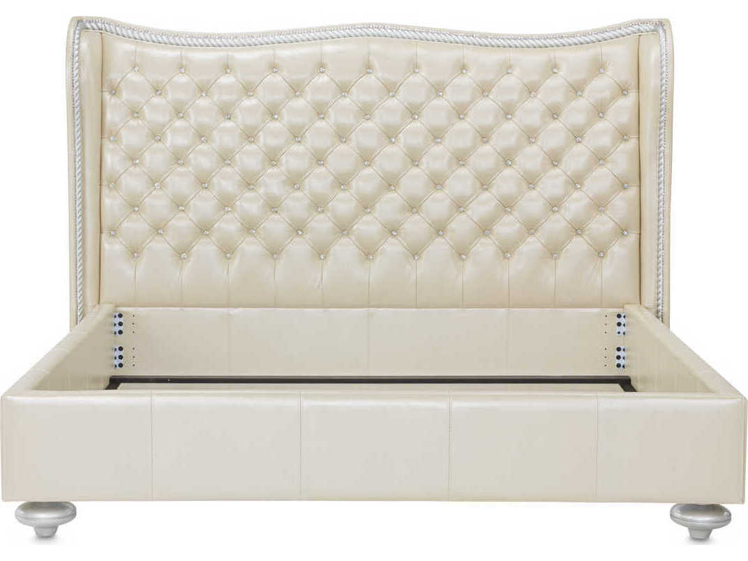 Michael Amini Hollywood Swank Creamy Pearl White Leather Queen Panel Bed