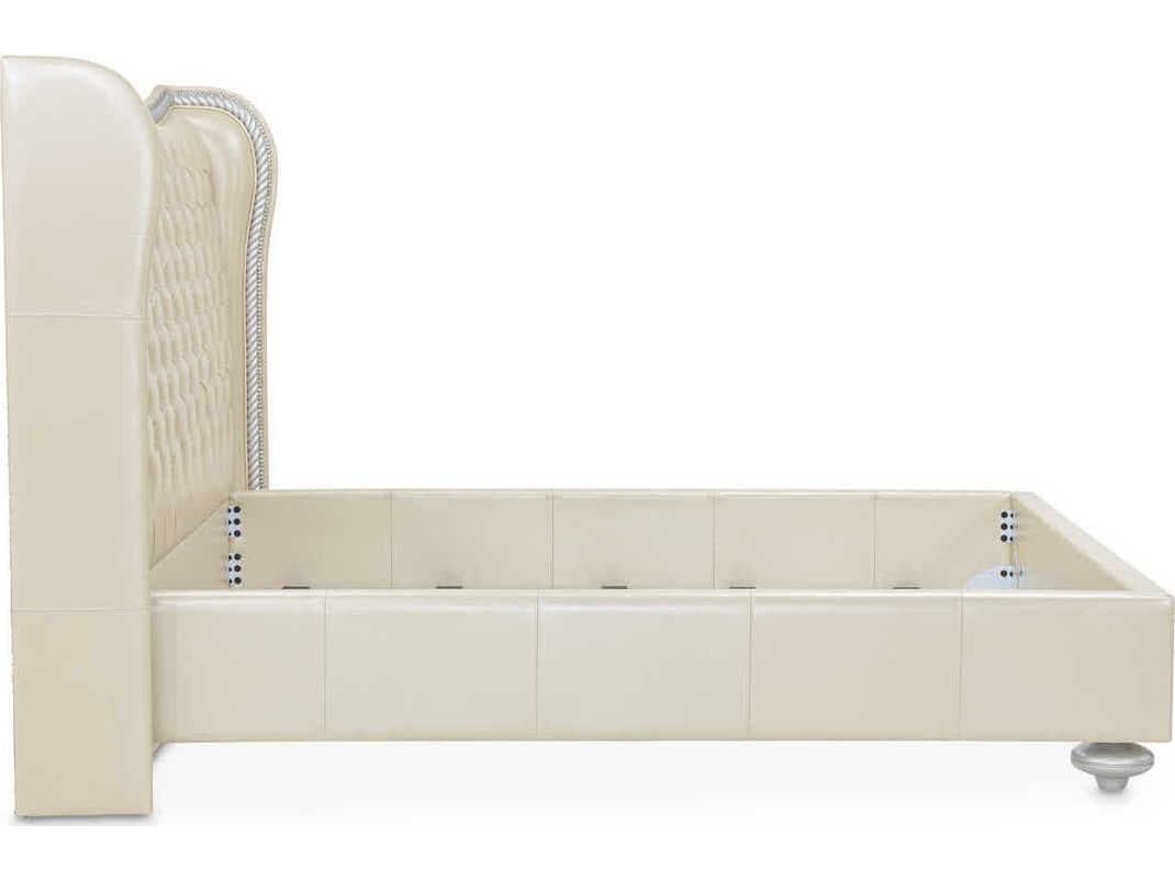 Michael Amini Hollywood Swank Creamy Pearl White Leather Queen Panel Bed