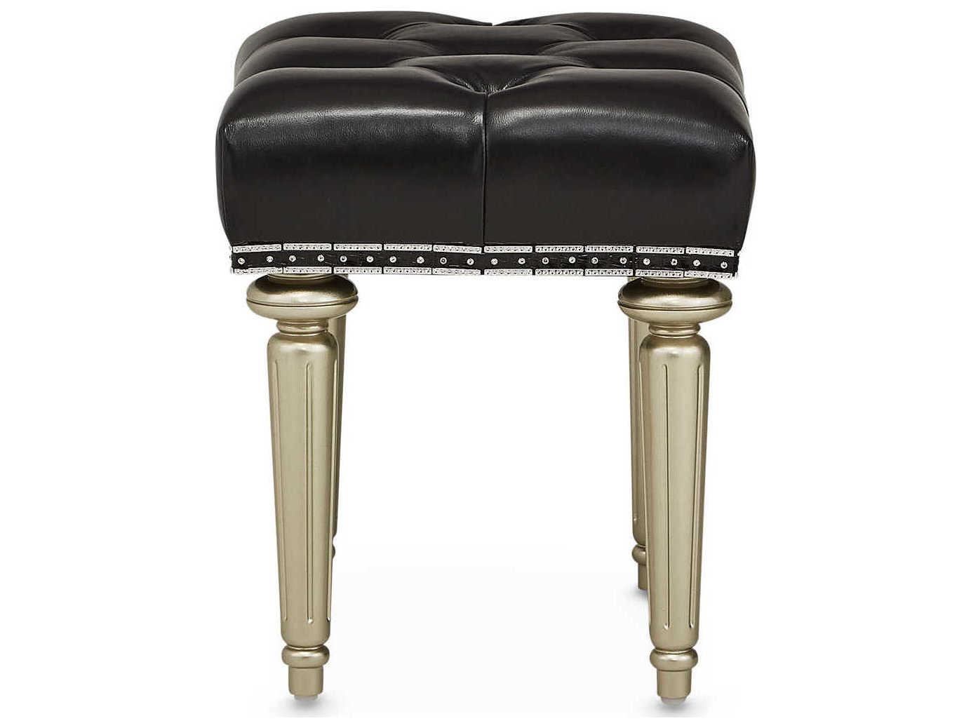 Michael Amini Hollywood Swank Platinum Black Leather Accent Stool